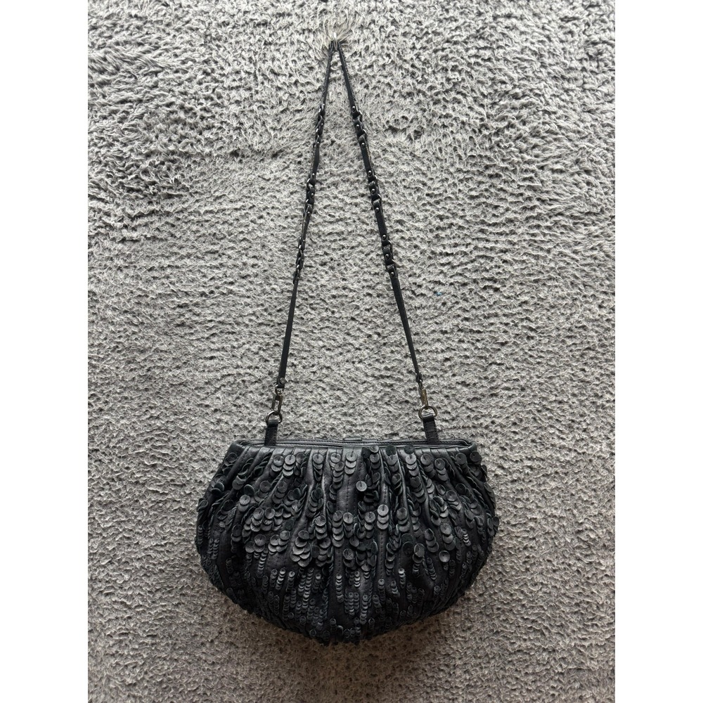 Diane Von Furstenberg Leather Paillette Convertible Crossbody‎ Clutch Bag Black
